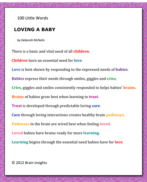 A poem written by Deborah McNelis titled 100 little words--Loving a Baby